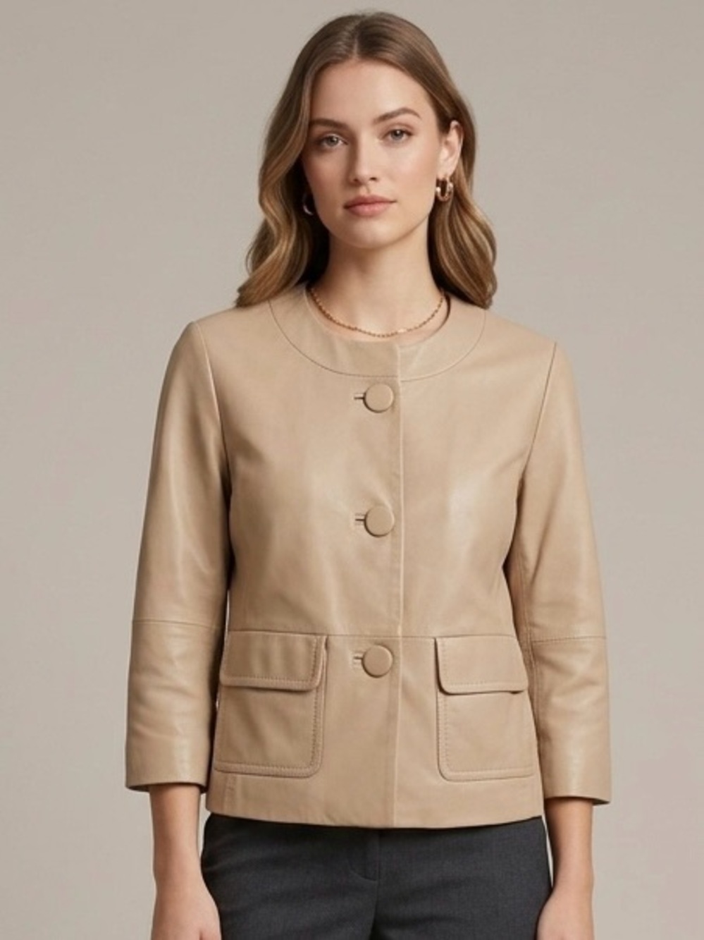 Liz Claiborne Lamb Leather Beige Button Front 3/4 Sleeve Jacket S